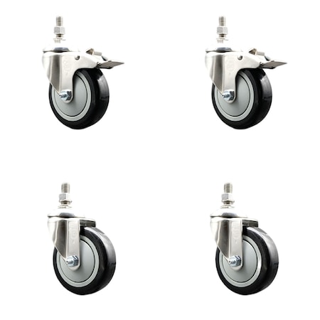 Service Caster 4 Inch 316SS Black Polyurethane 3/8 Inch Threaded Stem Caster Lock Brake, 2PK SS316TSTTL20S414-PPUB-BLK-381615-2S2